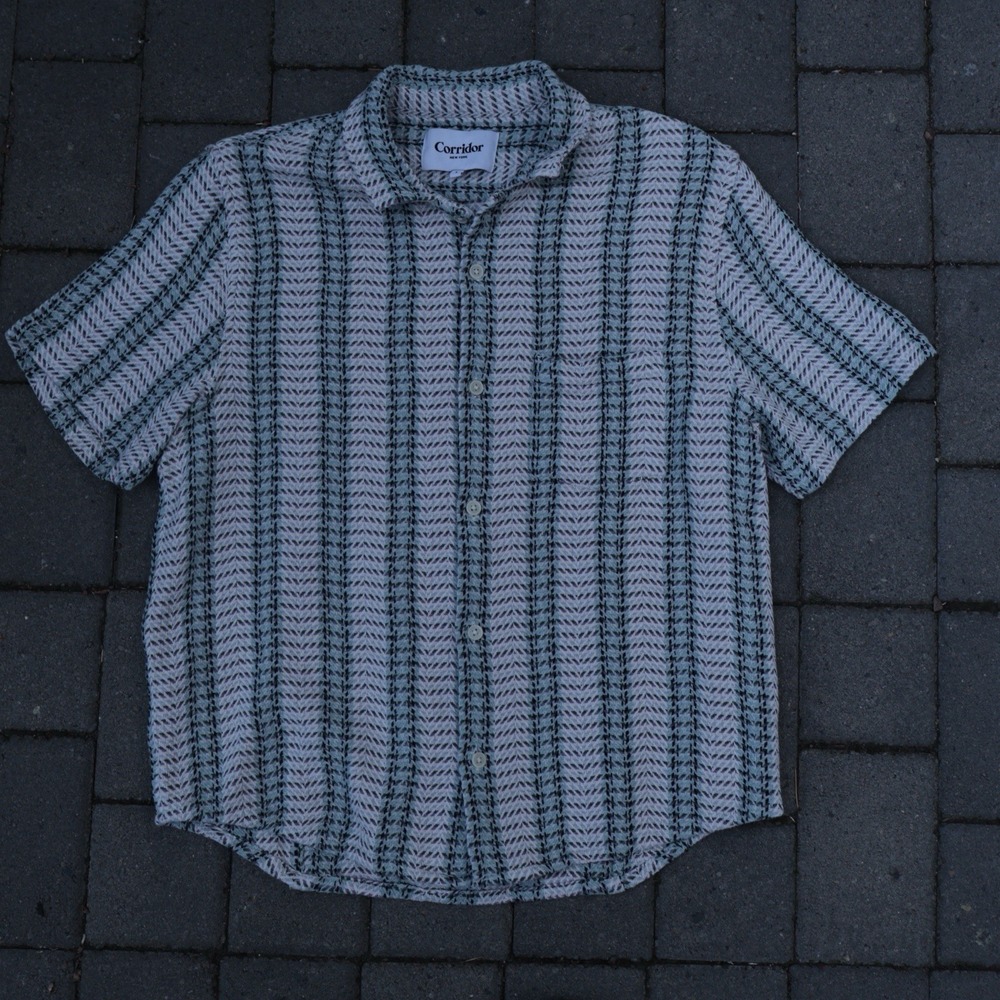 Corridor NYC Stripe Camp Collar Shirt Mens Large L Textured Cotton Loose Weave